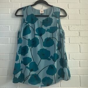 CAbi Sleeveless Floral Blouse Small Aqua Blue Teal Print Career Chic Top